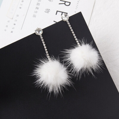 

Rhinestones White Fur Ball Long Earrings For Women New Year Fashion Jewelry