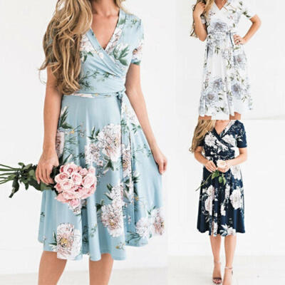 

Women Floral Print Short Sleeve Dress Ladies Boho Long Midi Summer Evening Party