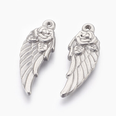 

304 Stainless Steel Pendants Double-sided Wing Stainless Steel Color 32x12x35mm Hole 16mm