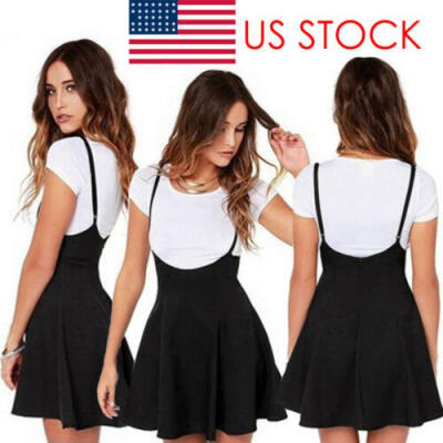 

US Women Mini Suspender Skater Skirt High Waisted Pleated Adjustable Strap Dress