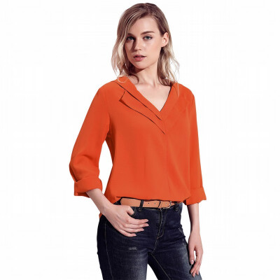 

Shirt womens long-sleeved versatile loose tooling solid color V-neck shirt