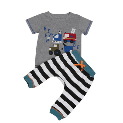 

Kids Toddler Baby Boys Cartoon Top T-Shirt Striped Pants Set Outfits Clothes