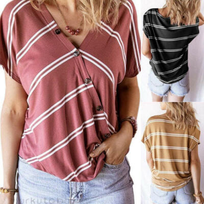 

New Women Sexy V-neck Cotton T-Shirt With Button Loose Short Sleeve Tank Top