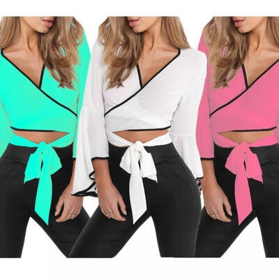 

Women Chiffon V-neck Top Long Sleeve Shirt Casual Blouse Loose T-shirt Summer