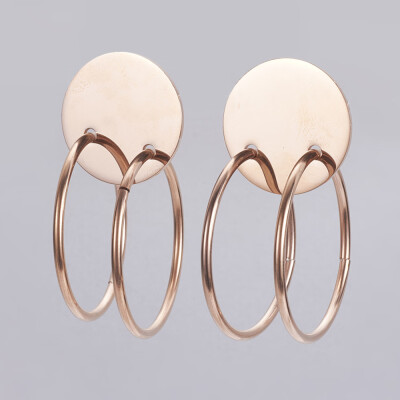 

304 Stainless Steel Dangle Stud Earrings Flat Round with Ring Rose Gold 51x25x35mm Pin 08mm