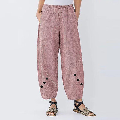 

Plus Size Women High Waist Stripe Button Wide Leg Pants Trousers Loose Pants