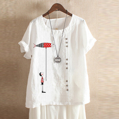 

Starmoon Plus Size Women Short Sleeve Cotton Linen O-Neck Print Blouse Top T-Shirt