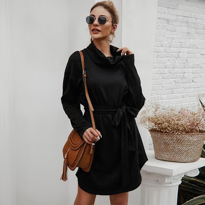

Women Dress Solid Color High Cowl Neck Dropped Shoulder Long Sleeve Tied Bandage Waist Loose Casual One-Piece