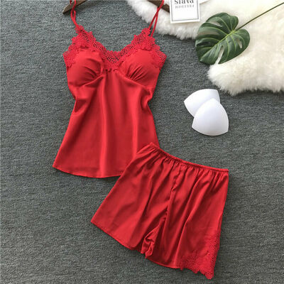 

Summer Women Sexy Pajamas Silk Pijamas Sleepwear Deep V Sling Lingerie Set
