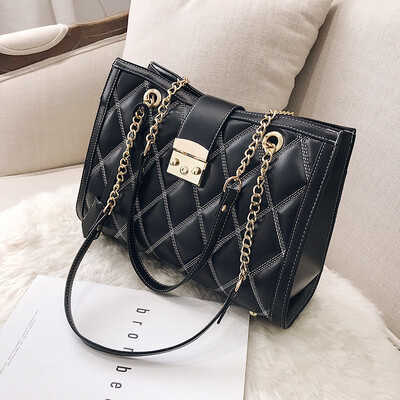 

Texture bag women 2019 new Korean Joker Lingge retro chain portable tote bag bag shoulder bag