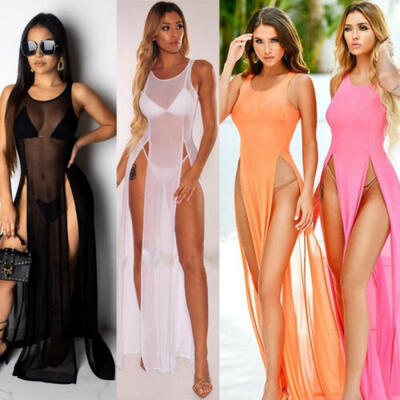 

Womens Mesh Sheer Beach Swimsuit Swimwear Bikini Cover Up Split Long Maxi Dress