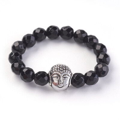 

Natural Black Agate Strech Rings with Alloy Buddha Beads Faceted Round Antique Silver Size 8 18mm