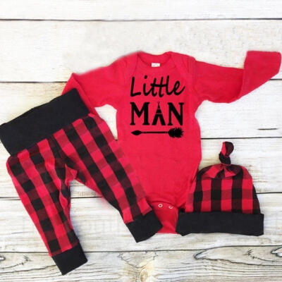 

3PCS Newborn Infant Baby Boy Clothes Playsuit Romper Plaid Pants Hat Outfit Set