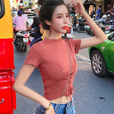 

Women Solid Short Sleeve Slim T-Shirt O Neck Lace Up Lady Sexy Tops Knitted Basic Tshirt Casual Female Tee Tops