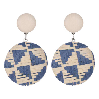 

Boho Women Geometric Round Button Woven Straw Dangle Stud Earrings Jewelry