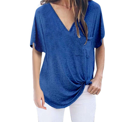 

Nomeni New Womens Casual Sexy Loose T-Shirt Summer Pocket Irregular V-neck Top