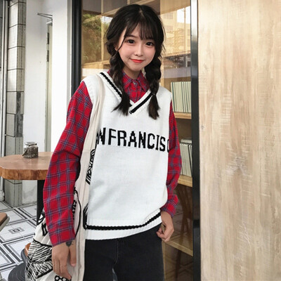 

Fashion Letter Knitted V-Neck Sweaters Sleeveless Sweet Girls Pullovers Slim Vest Style Sweater Autumn Loose Tops