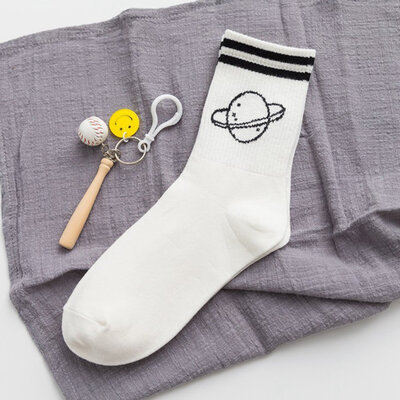 

Luxury Cartoon Funny Socks Women Cotton Planet Socks Happy Colorful Girls Socks Silver Striped Spring Lady Casual