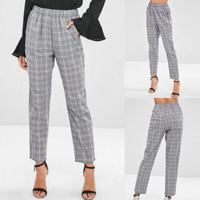 

Women Causal Office Ladies High Waist Plaid Calf-length Pants Sandy Beach Pants