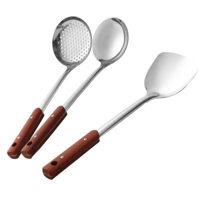 

Kitchen Accessories Wooden Handle Stainless Steel Spatula Soup Spoon Colander Kitchen Utensils