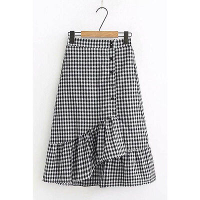 

Women Vintage Literary Style Elastic High Waist Thin Ruffled Irregular Plaid Print Wild Long Paragraph Skirt