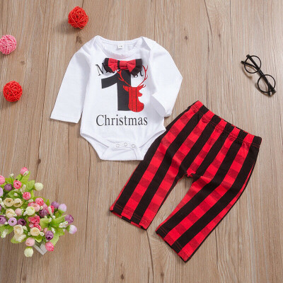 

Infant Baby Boy Girls Kids My 1st Christmas Romper Plaid Pants Xmas Clothes