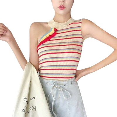 

Womens Summer Sleeveless Irregular Ruffles Tank Top Vintage Striped Solid Knitted Sports Tight T-Shirt
