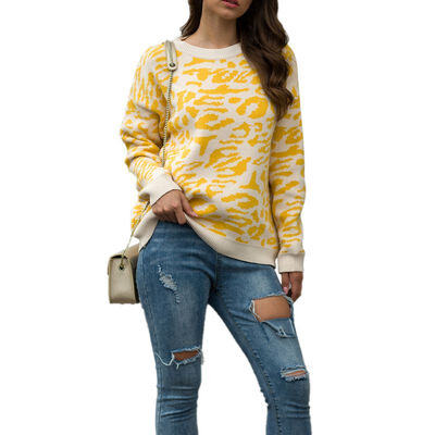 

Women Autumn Stylish Concise Casual Long Sleeve Round Collar Leopard Printed Sweater