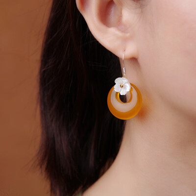 

Yellow agate earrings ethnic style retro temperament Chinese style ice seed chalcedony agate safety buckle earrings earrings