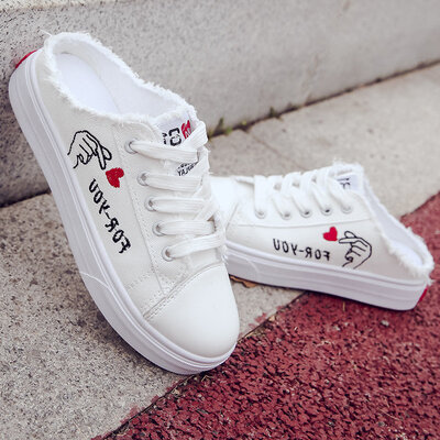 

Canvas shoes female students Korean version of Joker small white shoes with no heel loafers half slippers women flat-bottomed shoe