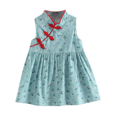 

Fashion Summer Kids Girls Dresses Cheongsam Floral Sleeveless Party Clothes