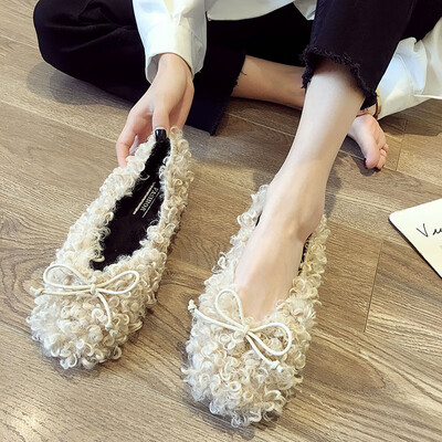 

Flat-bottom single-shoe womens autumn Korean ulzzang round-round light-mouth wool-wool bow-like fairy shoes