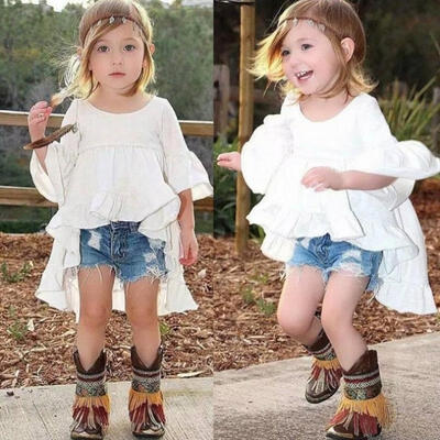 

White Baby Girl Dress Frills Flare Sleeve Tops T-Shirt Party Ruffles Hem Dresses