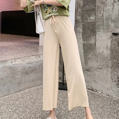 

Women Ice Silk Wide Leg Pants Ladies High Waist Casual Loose Straight Trousers