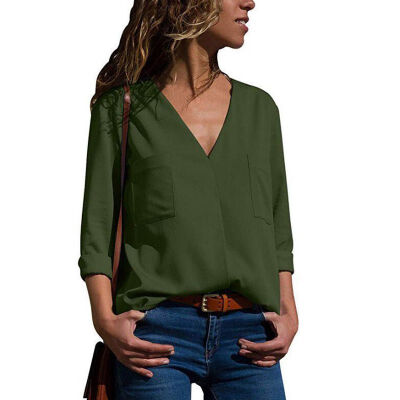 

Fashion Casual Solid Color V-neck Long-sleeved Double-pocket Shirt Shirt Female 2019 Breathable Shirt Top