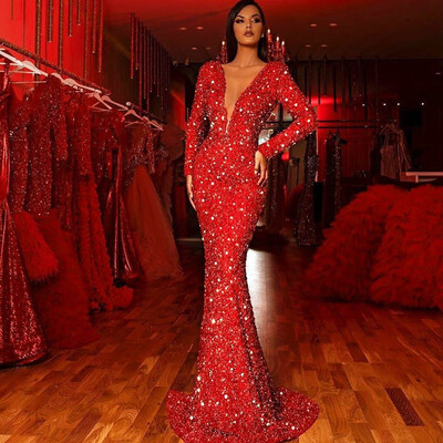 

Tailored Women Solid Sparkling Sequin Dress Deep V-neck Long Sleeve Party Fishtail Dress