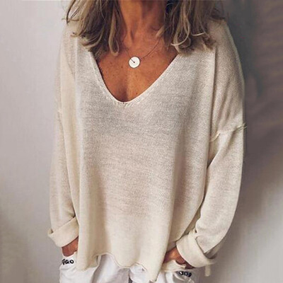 

2019 Autumn Fashion Casual Women V-neck Long sleeves Loose Solid color T-shirt