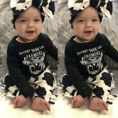 

3PCS Newborn Baby Girls Romper Cow Headbands Tops Pants Outfits Clothes Set