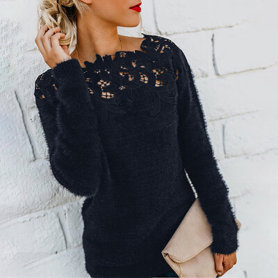 

Women Slim Fluffy Long Sleeve Hollow Outwear Tops Boat Neck Winter Warm Pullover
