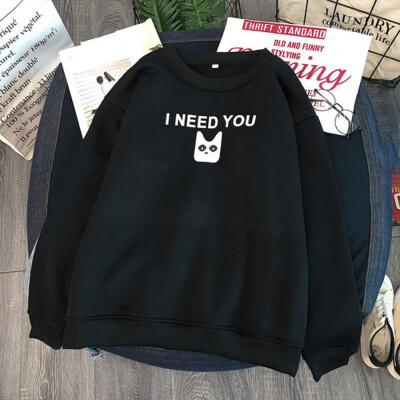 

Autumn Winter New Round Neck Thick Sweatshirts Long-sleeved Cat Eye Letter Pattern Cothes Women & Couples