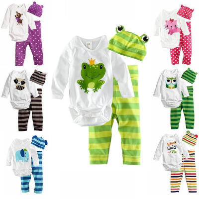 

3pcs Kids Baby Boys Girls Newborn BodysuitPantsHat Cotton Clothes Sets