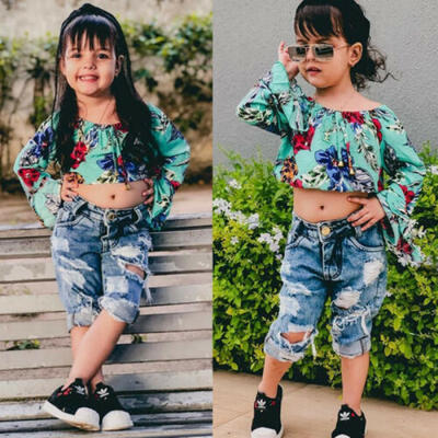 

Newborn Baby Girls Autumn Clothes Flower Tops T-shirtDenim Holes Pants Jeans