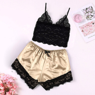 

Toponeto New Women V-Neck Silk Lace Sexy Stain Trim Camisole Pajamas Sleepwear Shorts Set