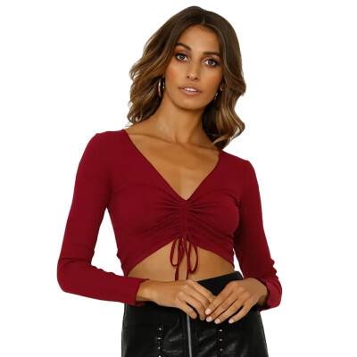 

Sexy Deep V Neck Long Sleeve Lace Up Skinny Basic T-shirt Women Crop Top Slim Cropped T Shirt Female Wine RedBlack Tee Tops