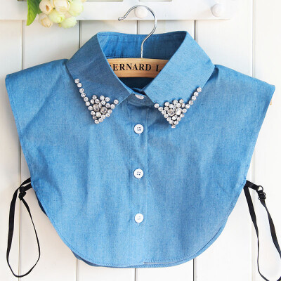 

Women Detachable False Collar Shirt Sweater Denim Fake Collar Korean Diamond Crystal Pearls Cowboy Shirt Lapel