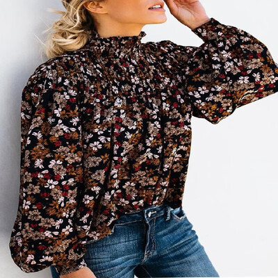 

Shirr High Neck Floral Module Long Bishop Sleeves Blouse