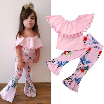 

2PCS New Kids Girls Off Shoudler T-shirtFlare Leggings Pants Outfits Children Clothes Set