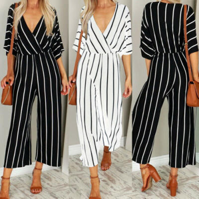 

Women Short Sleeve Striped Loose Baggy Trousers Overalls Pants Romper Jumpsuit