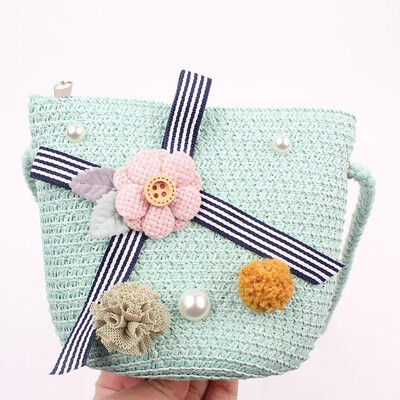 

Girls Hand Woven Bag Flower Bowknot Beads Handbag Rattan Straw Children Kids Bohemian Crossbody Bags Tote