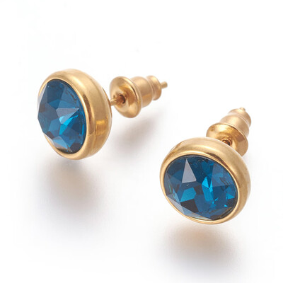 

304 Stainless Steel Ear Studs with Cubic Zirconia Flat Round Golden RoyalBlue 10x17mm Pin 07mm